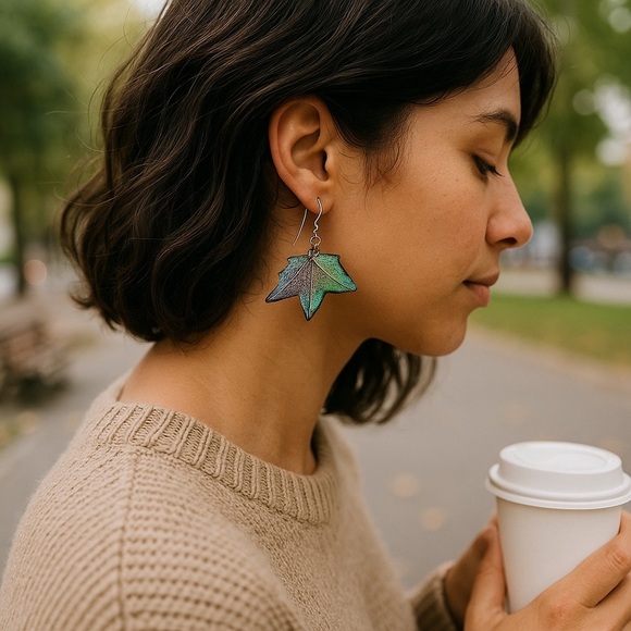 Custom made LEAF earrings in resin lightweight fall colors gold french wires - Picture 2 of 3